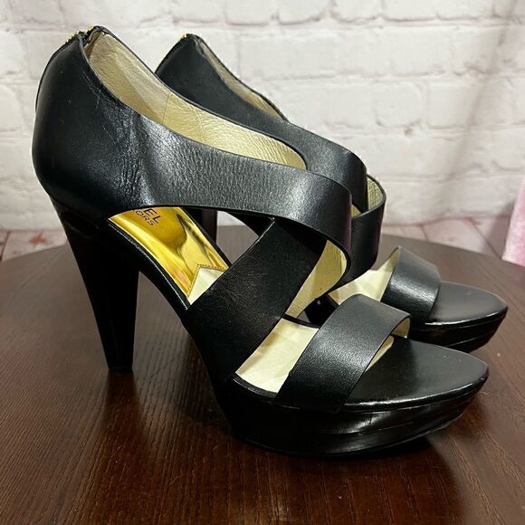 9.5 Michael by Michael Kors cross cross leather sandals with platform heels nwob - Picture 2 of 10